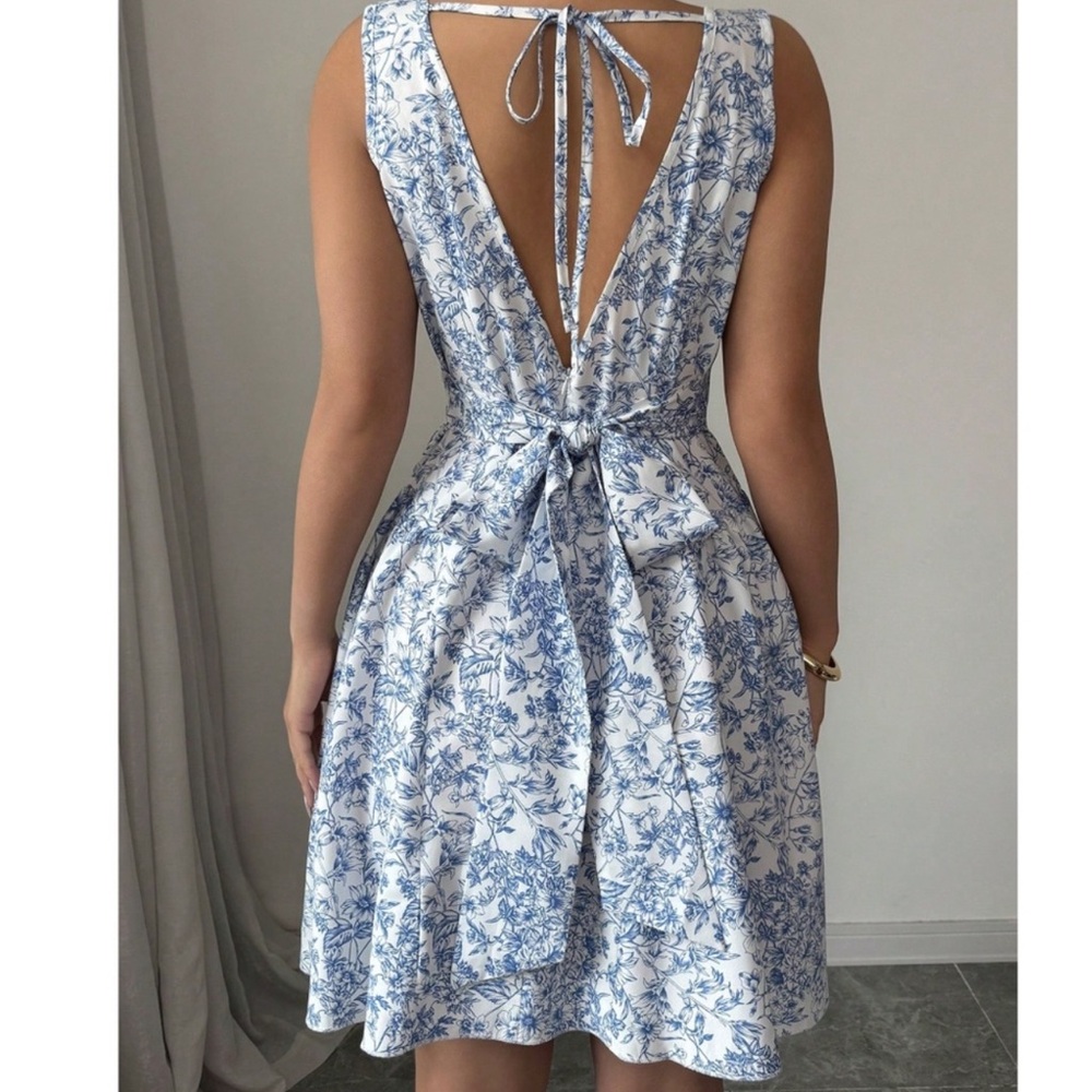 Bohemian Blue Floral Tie Back Mini Dress XS S M L XL XXL